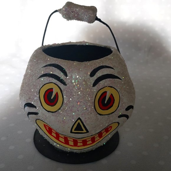 Department 56 Vintage Small Paper Mache Skull Skeleton Pumpkin Candy Pail Bucket - Picture 2 of 7